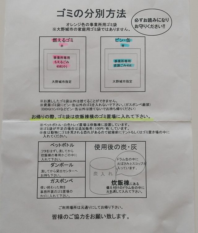 大野城いこいの森 ゴミの分別方法