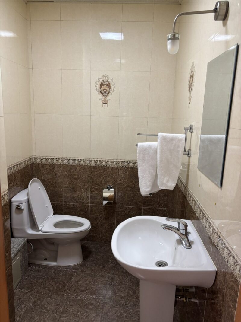 モンゴル ウランバートル中心部にあるTanan Center Serviced Apartmentsのトイレと洗面台