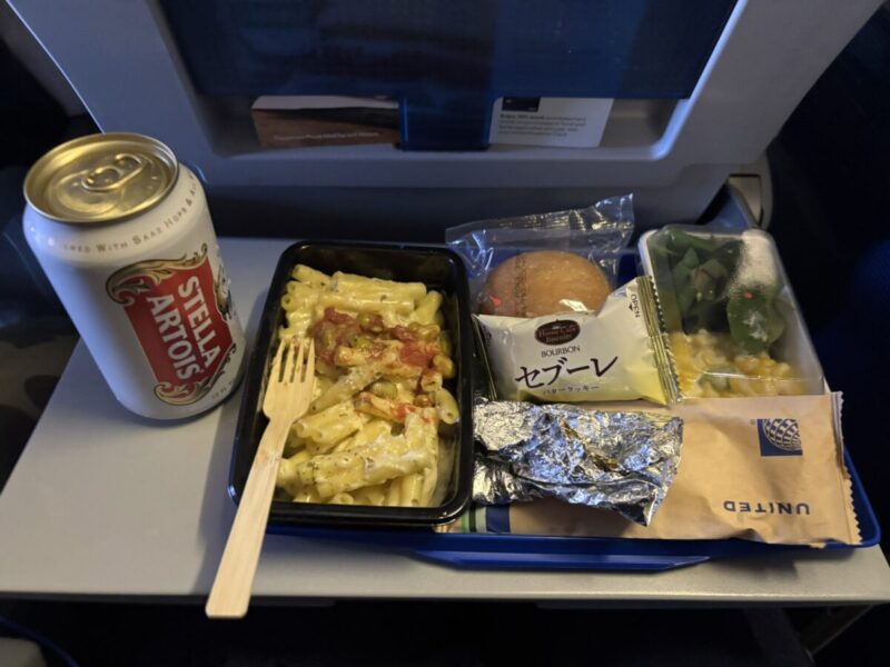 ユナイテッド航空エコノミークラスの機内食(メインディッシュとサラダのセット)