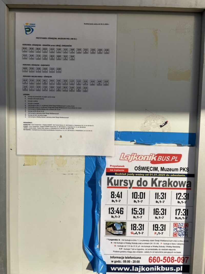 ポーランドアウシュヴィッツからクラクフ行きバスの時刻表 本数が少ない。