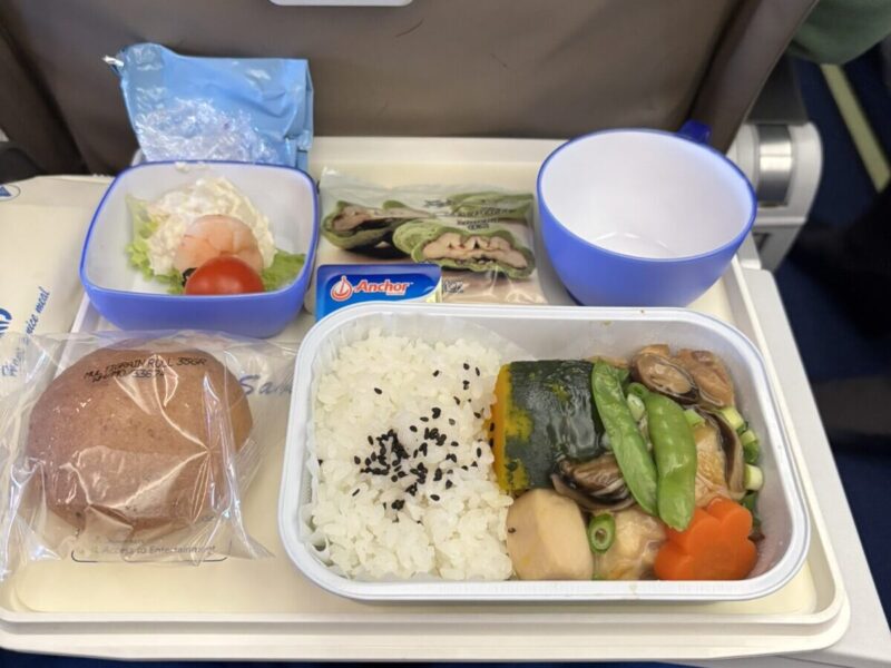 MIATモンゴル航空（成田→ウランバートル便）エコノミークラスの機内食（チキン)